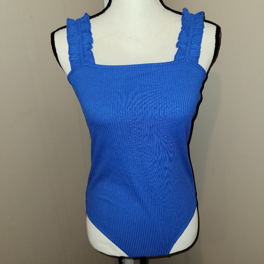Blue Ribbed Square Neck Bodysuit